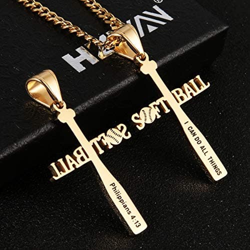HZMAN Softball Bat Cross Pendant - I CAN DO ALL THINGS STRENGTH Necklace