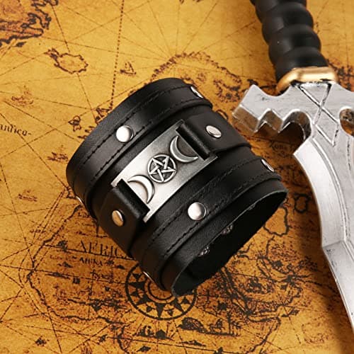 HZMAN Black Leather Viking Inspired Wide Cuff Bracelet for Men