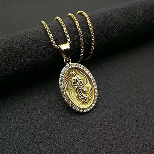 Gold Plated Virgin Mary Necklace 24in Chain for Men & Women