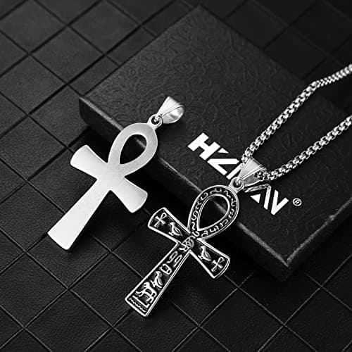 Stainless Steel Ankh Cross Pendant with Egyptian Hieroglyphic Symbol 22+2 Inch Chain