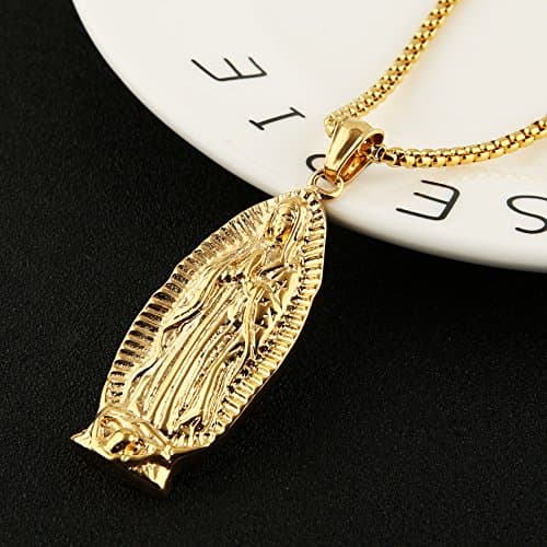 HZMAN Blessed Mother Mary Guadalupe Pendant Necklace with Steel Wheat Chain