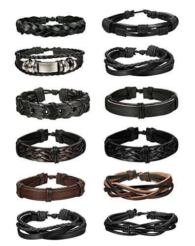Jstyle 12Pcs Braided Leather & Wooden Men's Beaded Wrap Bracelets Adjustable