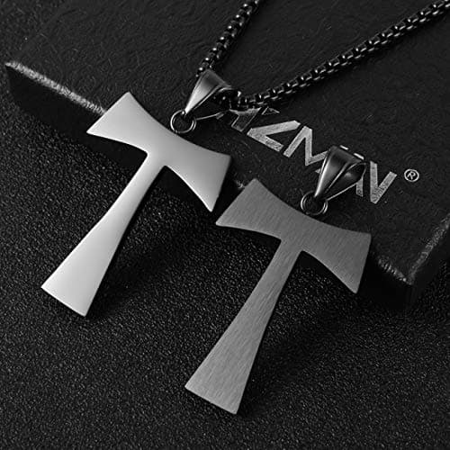 HZMAN Christian Tau Cross Pendant Necklace - Stainless Steel, 3 Colors, 22+2 Inch