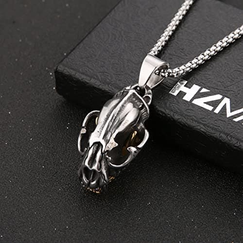 Men's Stainless Steel Sabertooth Tiger Skull Pendant Necklace