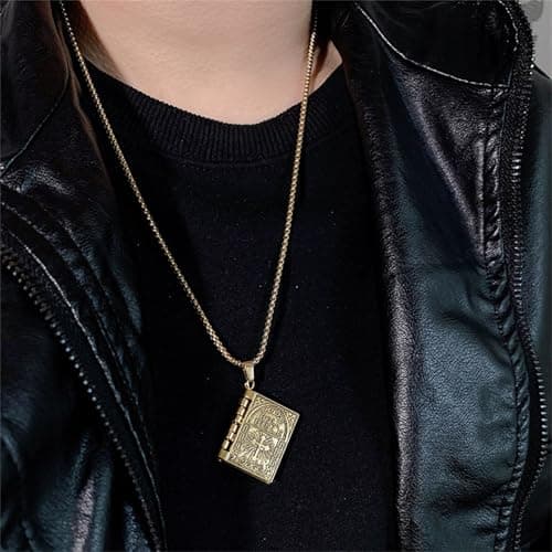Holy Bible Book Pendant Necklace Charm Silver Alloy Cross Chain Jewelry Gifts