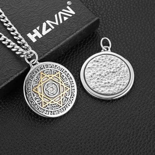 HZMAN Men's Stainless Steel Seal of Solomon Necklace - Retro Hexagram Talisman Pendant Gift