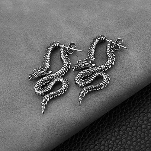 HZMAN Retro Dragon Earrings Stainless Steel Gothic Punk Dragon Head Stud Earring Party Jewelry Gift for Men Women