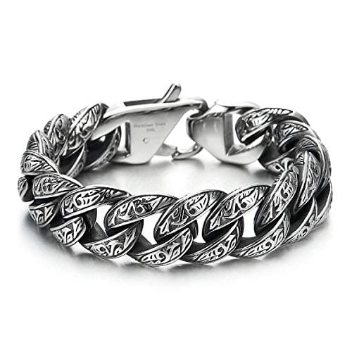 Vintage Stainless Steel Men's Curb Chain Bracelet with Tribal Tattoo Pattern