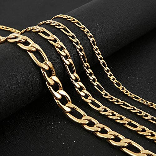 HZMAN Unisex 24k Real Gold Plated Stainless Steel Figaro Chain Necklace