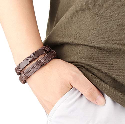 Jstyle Braided Leather Bracelet with Wooden Beads for Men & Women