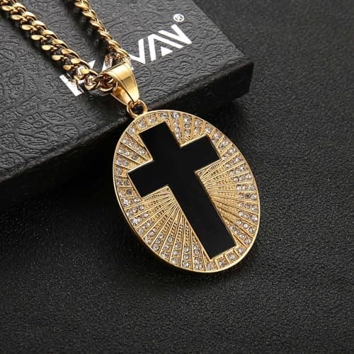 HZMAN Men's Stainless Steel Gold Cross Necklace Black Medal Pendant