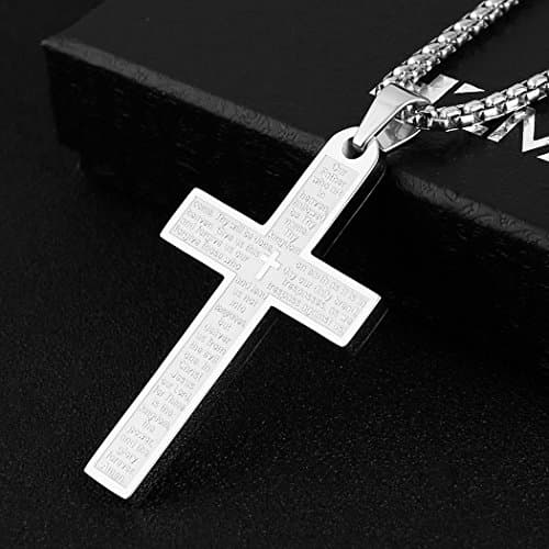 HZMAN Stainless Steel Cross Necklace Lord's Prayer Pendant