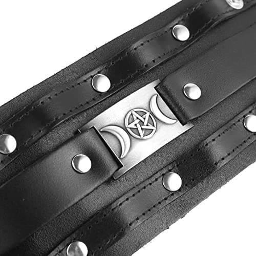 HZMAN Black Leather Viking Inspired Wide Cuff Bracelet for Men