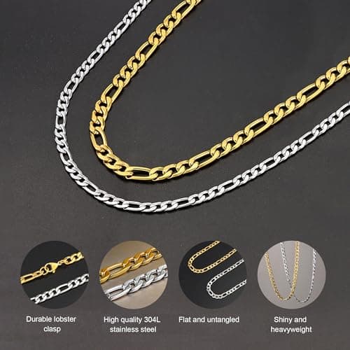 SANNYRA Men's Stainless Steel Figaro Chain Necklace - 18K Gold-plated Silver