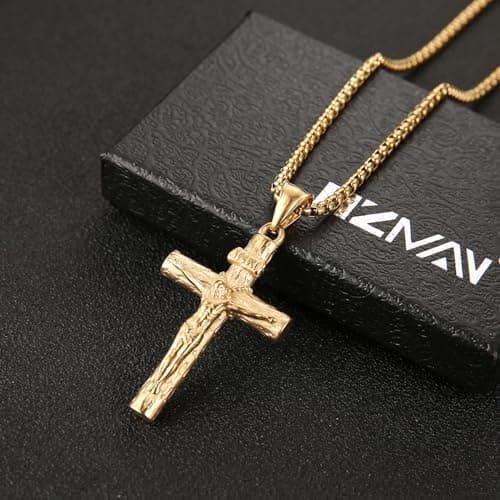 Stainless Steel Crucifix Cross Necklace for Men and Women with 24 Chain - Religious Jewelry Gift by HZMAN