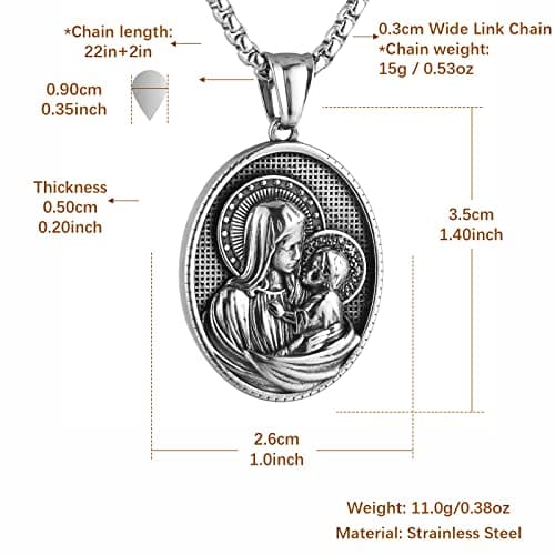 HZMAN Virgin Mary and Jesus Medal Necklace - Retro Religious Stainless Steel Christian Pendant for Men and Women
