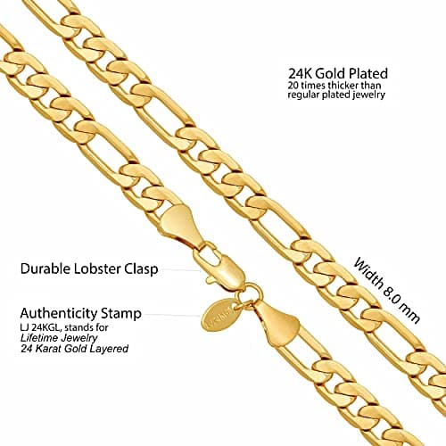 Lifetime Jewelry Beveled Figaro Chain Necklaces for Women and Men - Real 24k Gold Plated