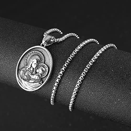 HZMAN Virgin Mary and Jesus Medal Necklace - Retro Religious Stainless Steel Christian Pendant for Men and Women