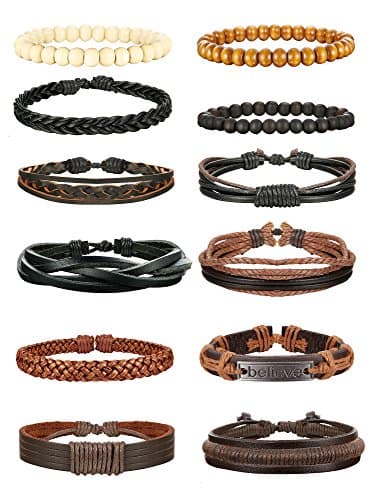 Jstyle 12Pcs Braided Leather & Wooden Men's Beaded Wrap Bracelets Adjustable