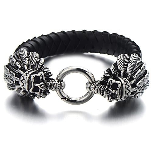 COOLSTEELANDBEYOND Mens Genuine Braided Leather Skull Bracelet
