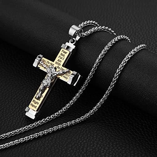 Stainless Steel Cross Necklace with Lord's Prayer Pendant