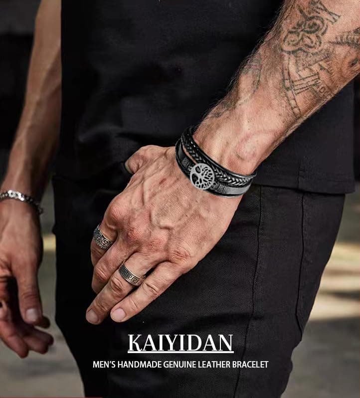 Men's Leather Tree of Life Bracelet with Tiger Eye Beads - Gift for Men