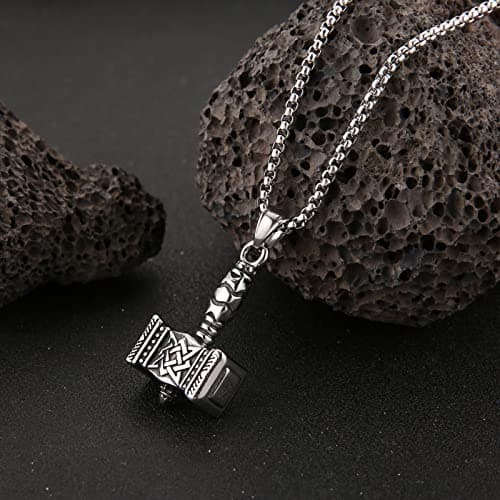 HZMAN Stainless Steel Thor Hammer Pendant Necklace 22+2 Inch Chain