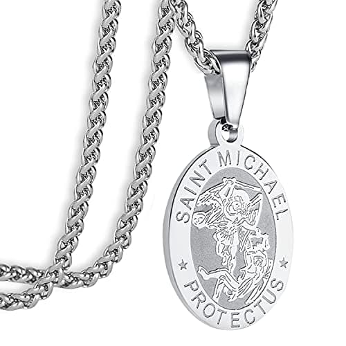 Apsvo Oval Catholic Saints Pendant Medallion, Stainless Steel Wheat Chain 24 Inches