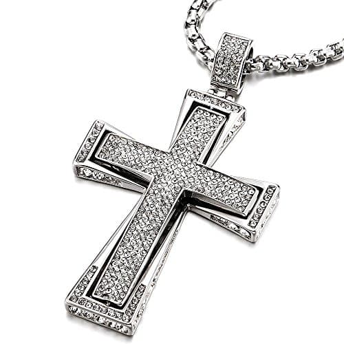 COOLSTEELANDBEYOND Mens & Womens Large Steel Cross Pendant Necklace with Cubic Zirconia