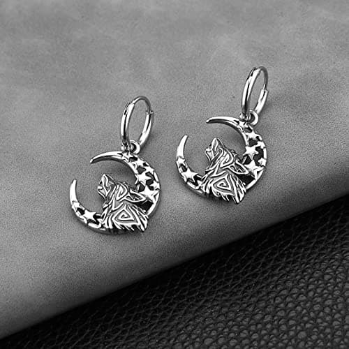 HZMAN Stainless Steel Gothic Punk Howling Wolf Moon Earrings for Men & Women