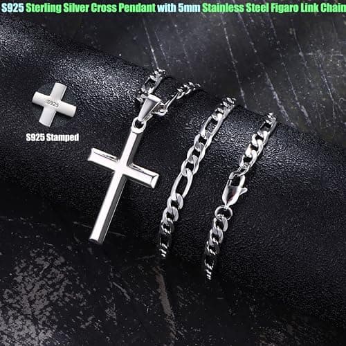 MILACOLATO Sterling Silver Cross Necklace, 5mm Stainless Steel Chain, Men & Women, 16-30 Inches