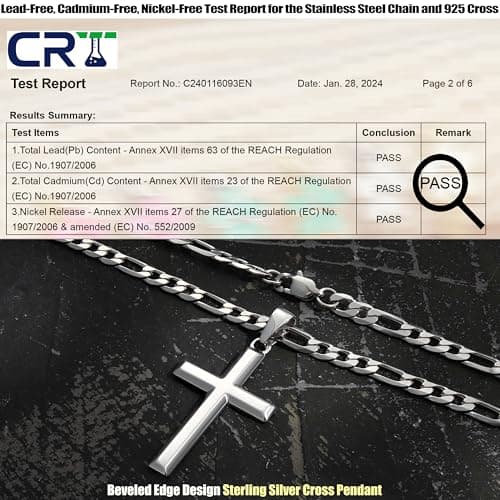 MILACOLATO Sterling Silver Cross Necklace, 5mm Stainless Steel Chain, Men & Women, 16-30 Inches