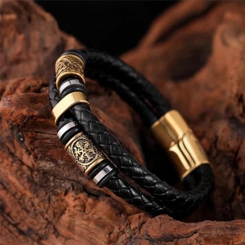 IMT-LLC Viking Style Men's Genuine Leather Braided Bracelet With Norse Runes Gift