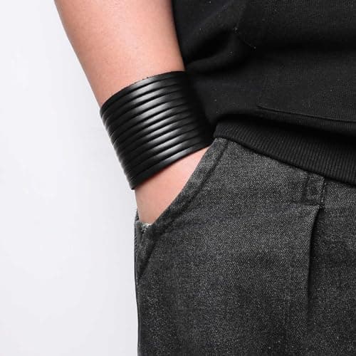 HZMAN 2Pcs Genuine Leather Men's Punk Wide Cuff Bracelets