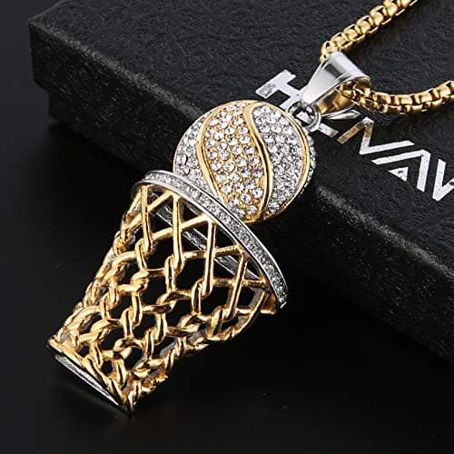 HZMAN Basketball Hoop Necklace for Men Boy Stainless Steel 18K Gold Plated Cubic Zirconia Sports Pendant