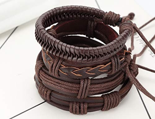 Jstyle Braided Leather Bracelet with Wooden Beads for Men & Women