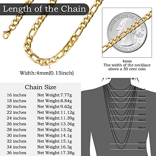 18k Gold Plated Figaro Link Chain - Stainless Steel Necklace for Men and Women