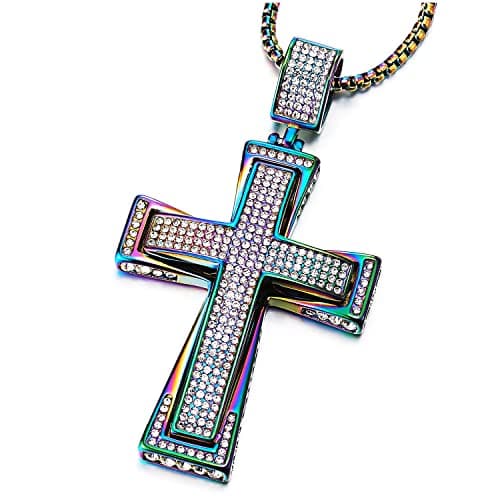 COOLSTEELANDBEYOND Mens & Womens Large Steel Cross Pendant Necklace with Cubic Zirconia