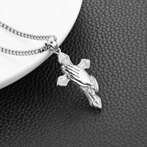 HZMAN Men's Stainless Steel Praying Hand Cross Pendant Christian Jewelry_gift
