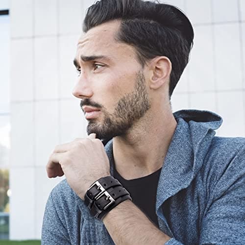 Casoty Punk Rock Leather Cuff Bracelets for Men and Women
