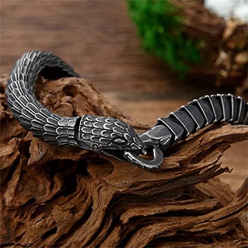 Mens Vintage Jormungandr Snake Necklace - Stainless Steel Amulet with Ring