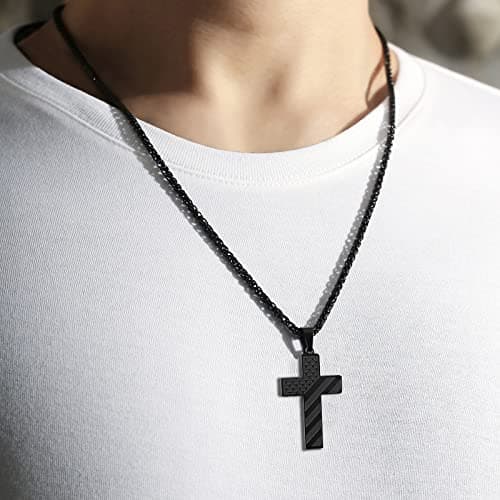 DuoDiner 24 Inch Cross Necklace for Men Boys Kids - Bible Verse American Flag Pendant Baptism First Communion Graduation