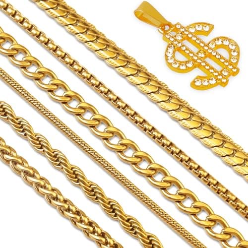 7 Pcs Stainless Steel Necklace Chain Kit with Dollar Pendant - Gold/Silver Plated Men Boys Women