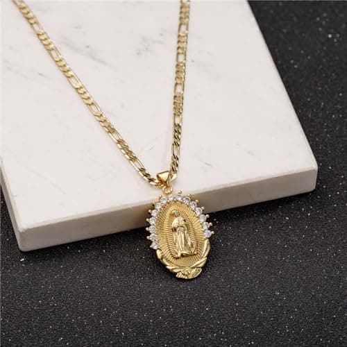 Kelistom 18K Gold Plated Virgin Mary Necklace, Oval Zircon Pendant & Figaro Chain