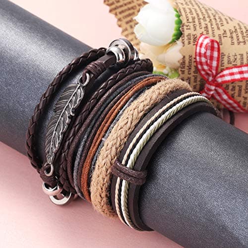 18pcs Braided Leather Cuff Bracelets Wood Beads Adjustable Ethnic Tribal Bracers HANPABUM
