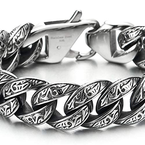 Vintage Stainless Steel Men's Curb Chain Bracelet with Tribal Tattoo Pattern