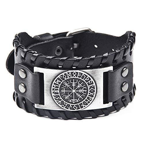 Juland Punk Braided Wolf Head Mens Leather Cuff Wristband Adjustable