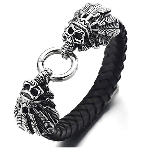 COOLSTEELANDBEYOND Mens Genuine Braided Leather Skull Bracelet