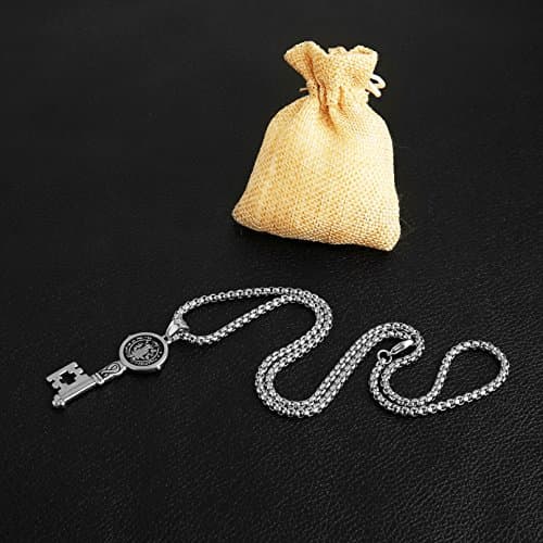 HZMAN Saint Benedict Key Pendant Against Evil Stainless Steel Necklace Silver