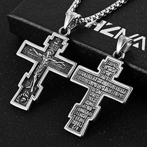 HZMAN Vintage Orthodox Cross Crucifix Necklace, Silver Gold Black, 22+2 Inches Chain